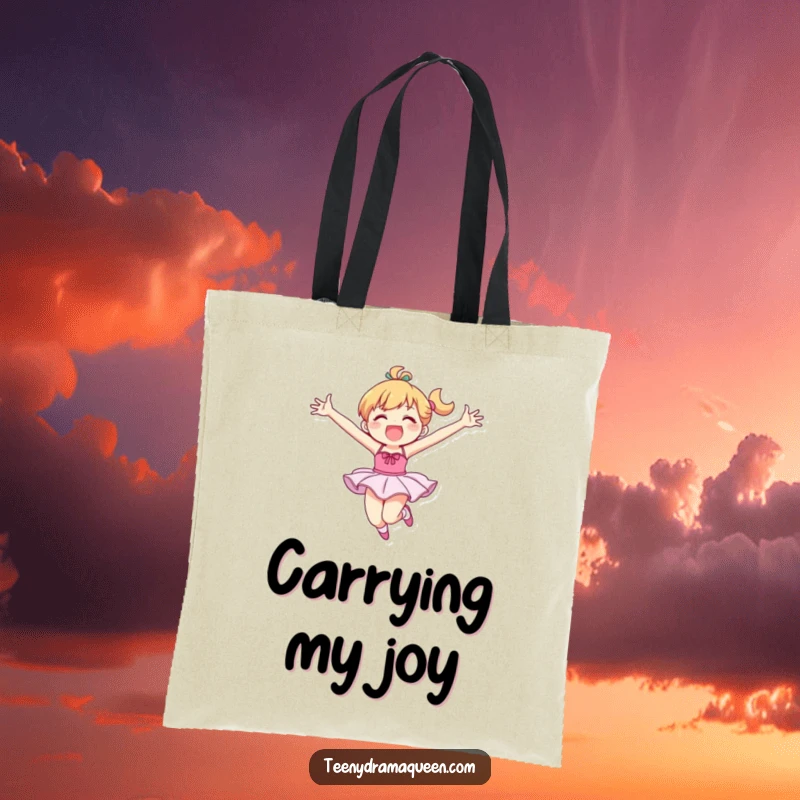 Funny tote bag with a joyful ballet dancer character executing a grand leap, arms outstretched, perfect for carrying humor.