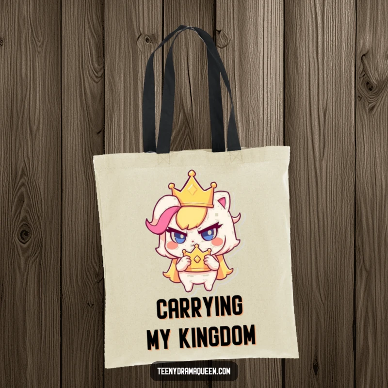 Funny tote bag with a small character determinedly clutching a sparkly crown, exuding haughty royal character.