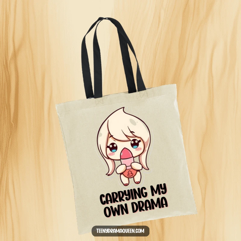 Funny Tote Bag with a tiny lipstick character looking unimpressed, perfect for carrying belongings with a humorous, judgmental flair.