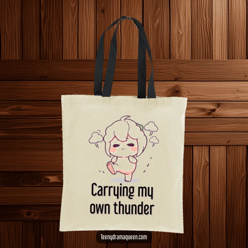 Funny Tote Bag showcasing a character stomping its foot with a pout, surrounded by tiny storm clouds, a hilarious symbol of displeasure.