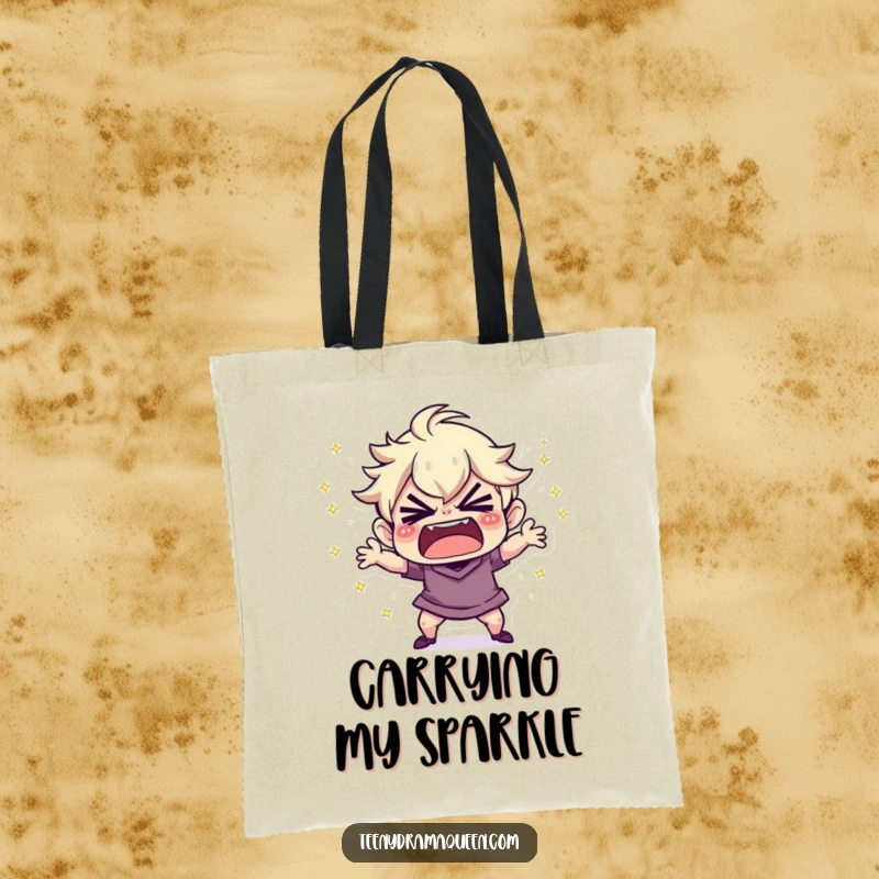 Funny Tote Bag: Tiny character throwing a tiny, sparkly tantrum, great for carrying daily items with a touch of drama.