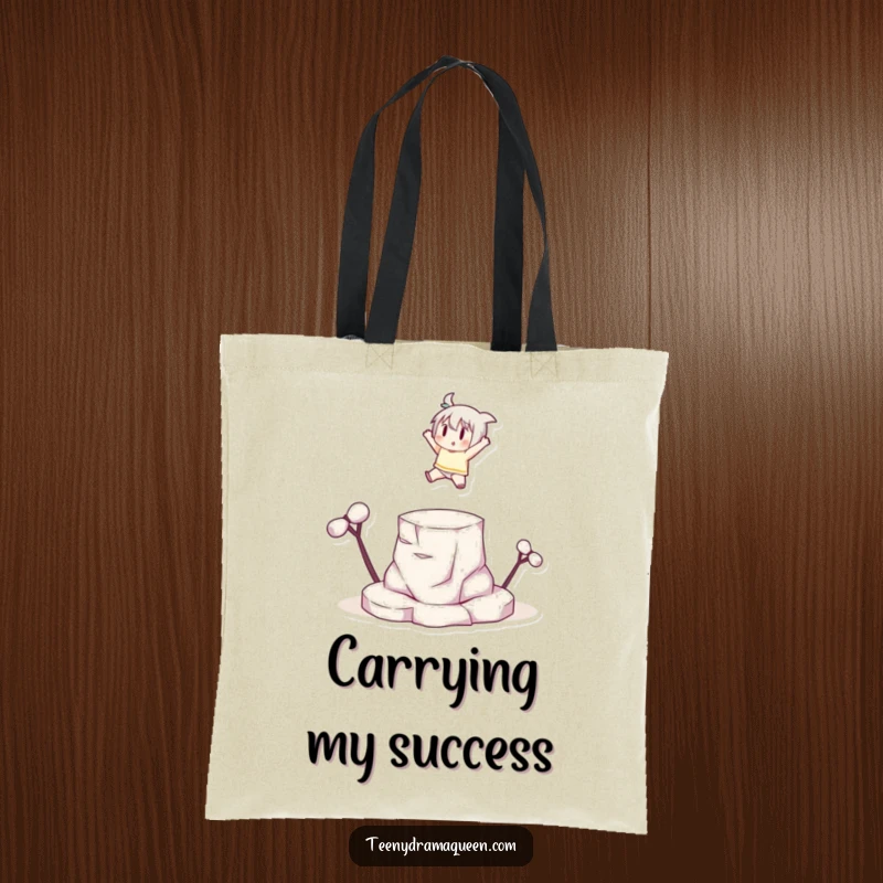 Funny small character leaping dramatically onto a tiny platform with a flourish, ideal for carrying essentials with bold energy.