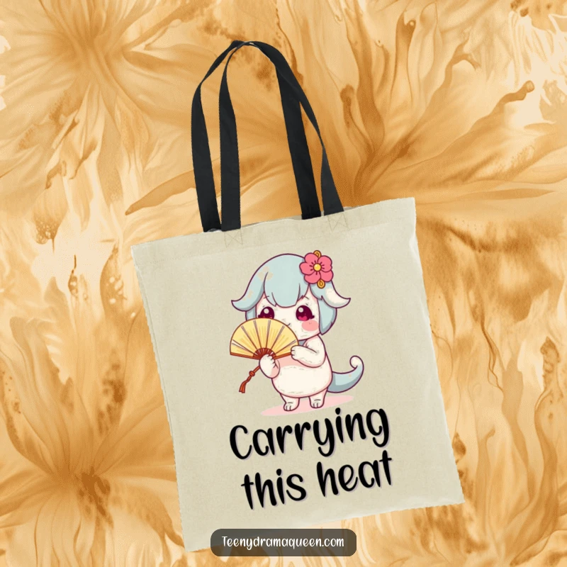 Funny tote bag featuring a cute character fanning itself theatrically, ideal for carrying essentials with a humorous touch.