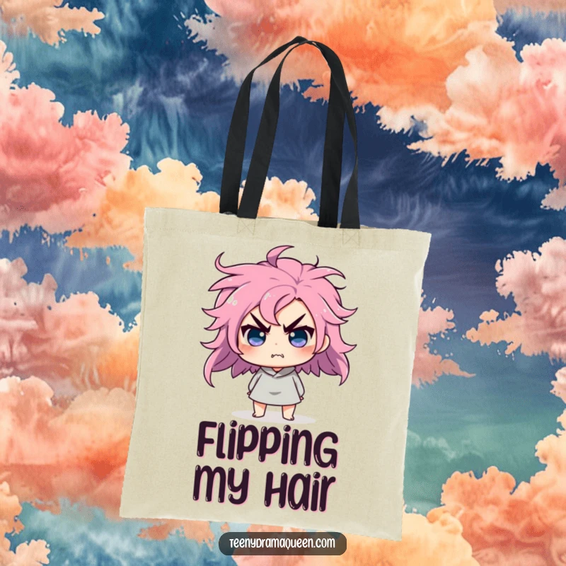 Funny tote bag with a character doing a dramatic hair flip, looking completely affronted and sassy.