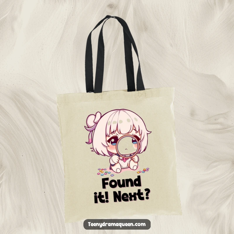 Funny tote bag featuring a character employing a tiny magnifying glass to closely examine a misplaced sequin, illustrating sharp observation.