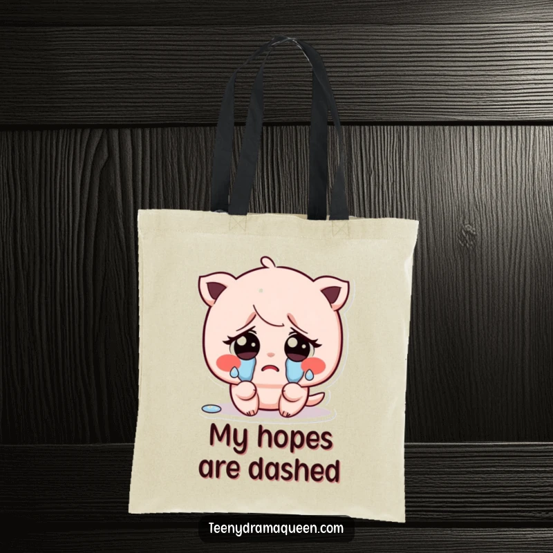 Funny tote bag featuring a kawaii character crying, with big sad eyes and tiny, exaggerated tears, expressing gentle sadness.