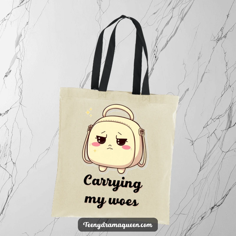 Funny tote bag with a sparkly handbag character looking unimpressed, perfect for carrying items with flair.