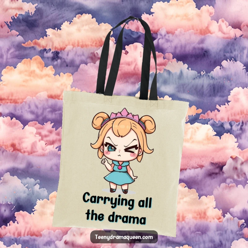 Funny Tote Bag: Teeny drama queen character with exaggerated eye roll and sassy pose, ideal for carrying groceries with attitude.