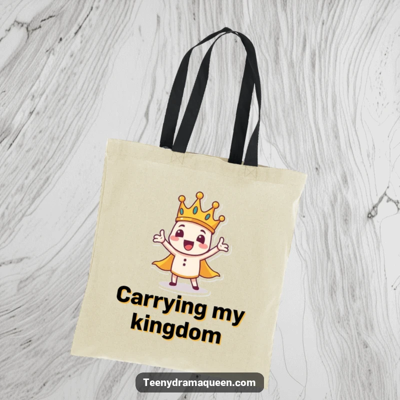 Funny crown character tote bag, tiny, wobbly, grand gesture, a stylish and humorous accessory.