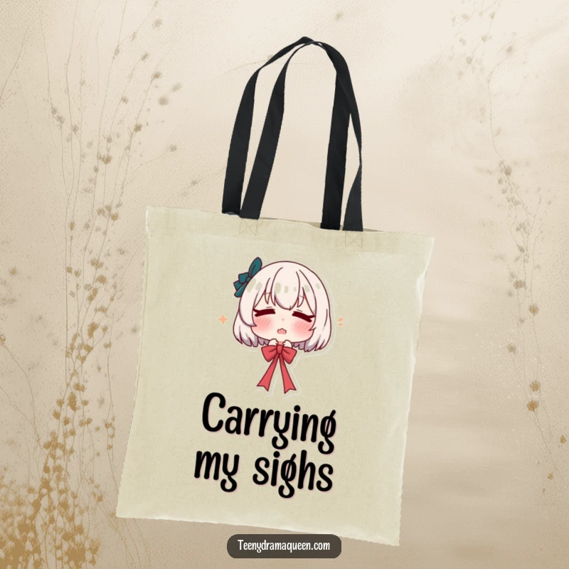 Funny tote bag featuring a character pouting and sighing while letting go of a ribbon, embodying relatable dramatic gestures humorously.