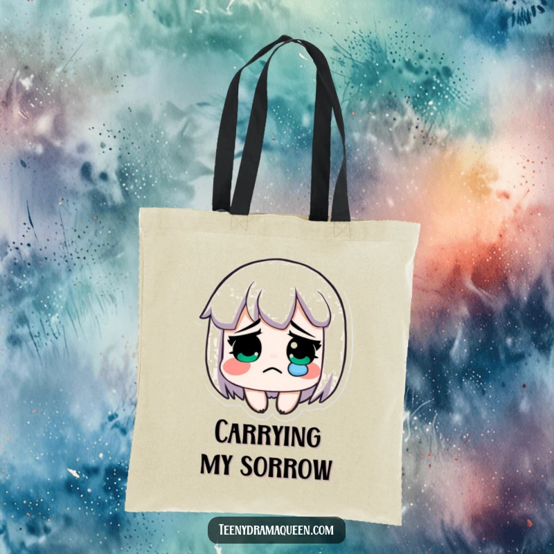Funny tote bag, an exaggeratedly sad character with a single, glistening tear, symbolizing dramatic emotion.