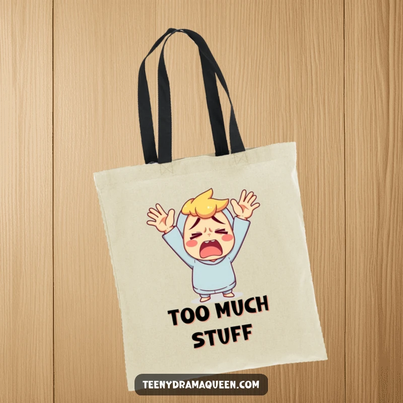 Funny tote bag with a character throwing its hands up in a gesture of exaggerated exasperation.