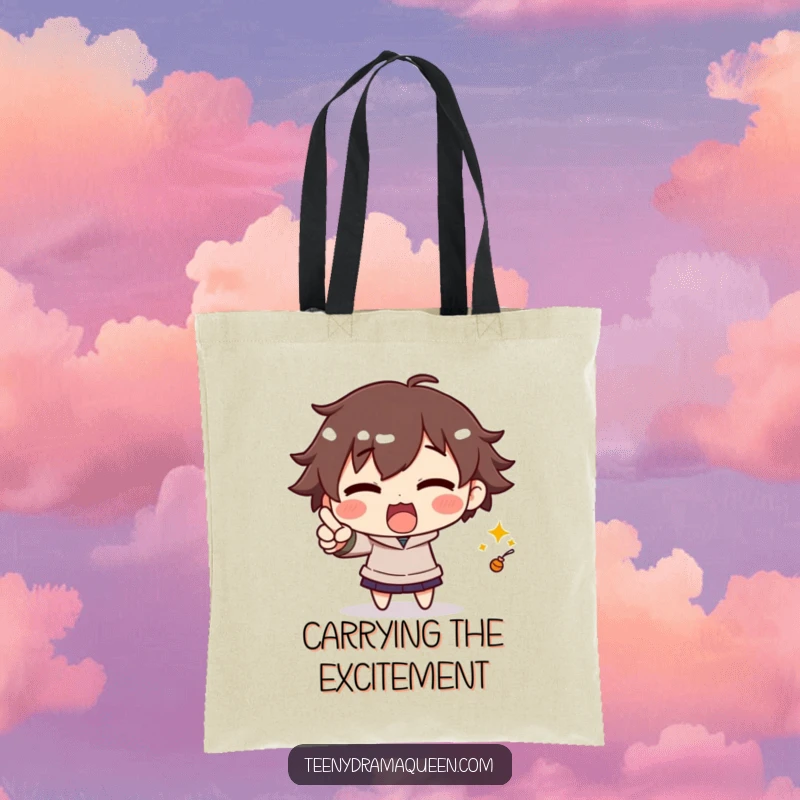 Funny tote bag featuring an excited character dramatically pointing at something small, designed for carrying essentials with humorous emphasis.