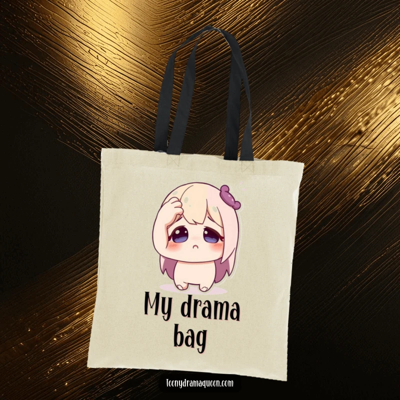 Funny tote bag featuring a cute character in a comically fainting position, hand to forehead, eyes wide, perfect for dramatic shoppers.