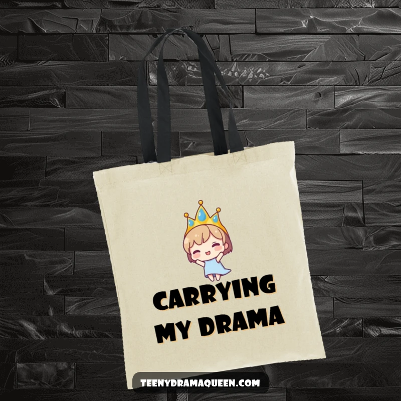 Funny tote bag featuring a tiny character wearing a tiara dramatically falling. Practical for errands, humorous for expressing personality.