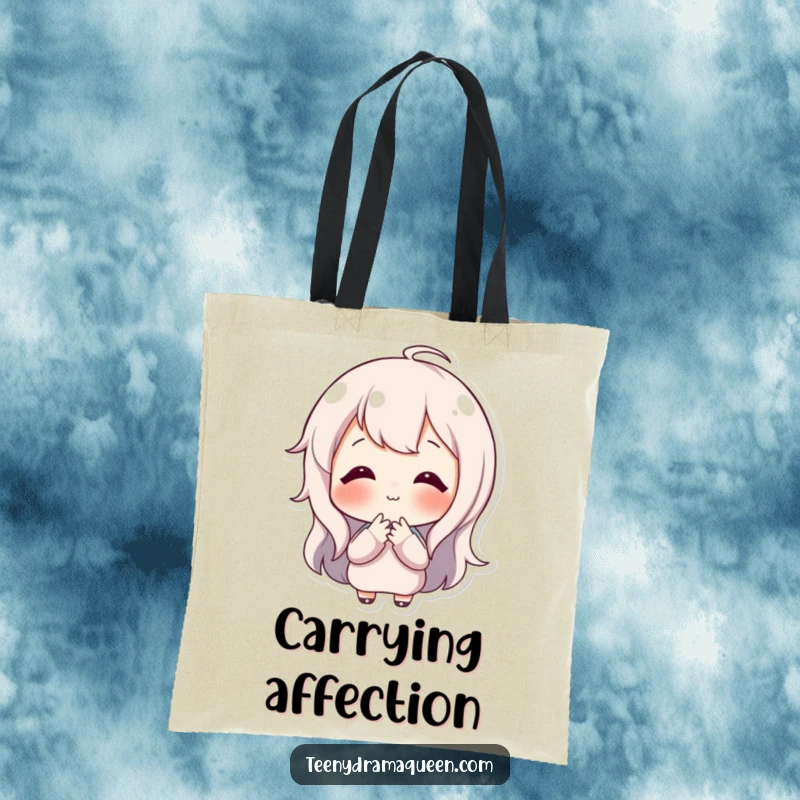 Funny tote bag featuring a happy character blowing a tiny, sweet kiss, designed for carrying essentials with charm and cheer.