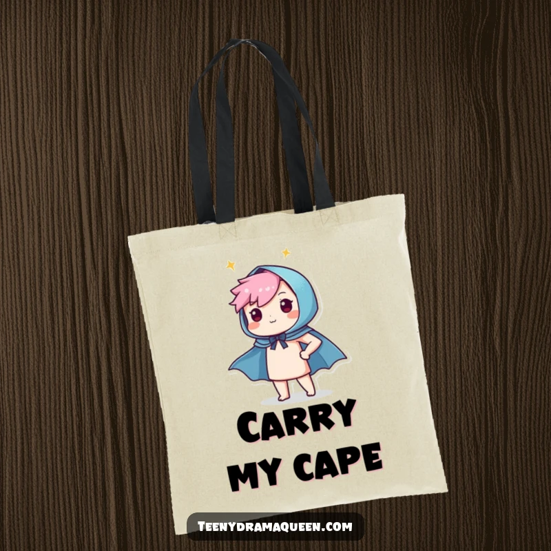 Funny tote bag showcasing a character proudly putting on a small, glittery cape, symbolizing everyday heroism and pride.