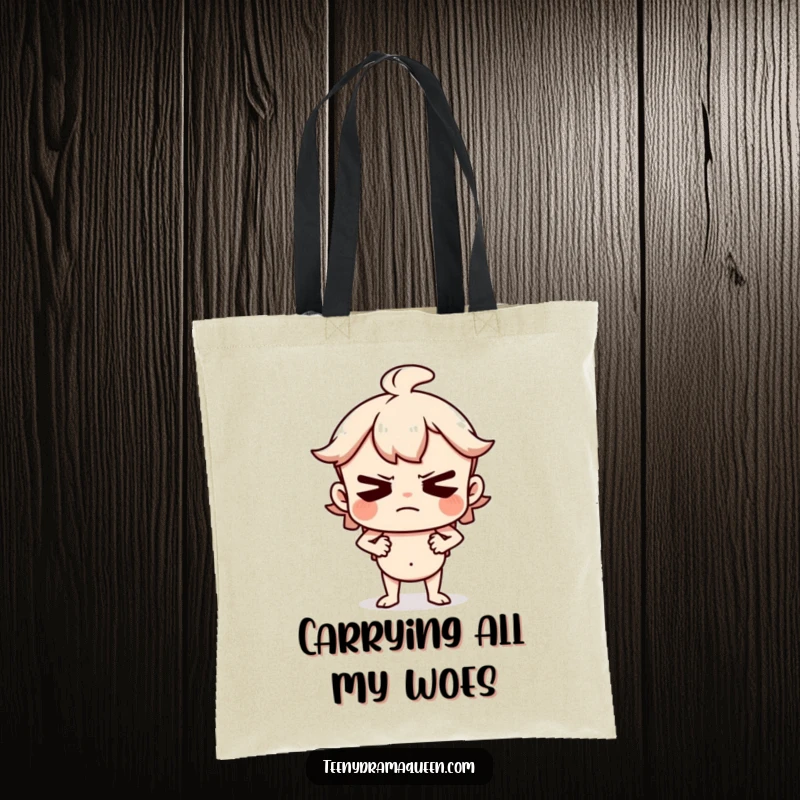 Funny Tote Bag showcasing a character huffing and puffing with hands on hips, a hilarious symbol of displeasure.