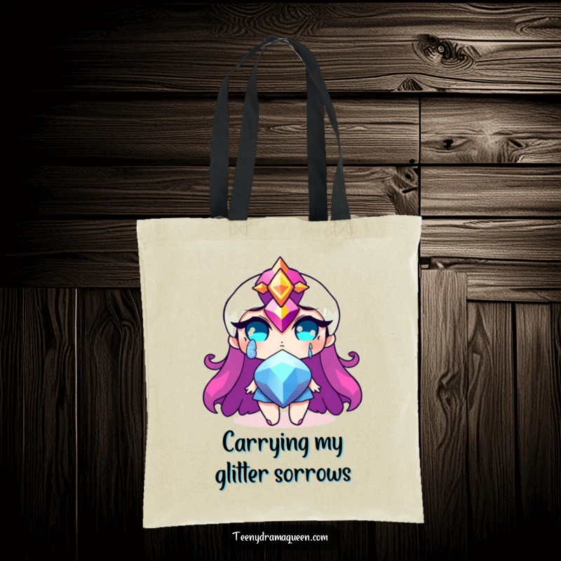 Funny tote bag with a dramatic jewel character shedding a glittery tear, perfect for carrying essentials with humorous dramatic flair. Great funny gift.