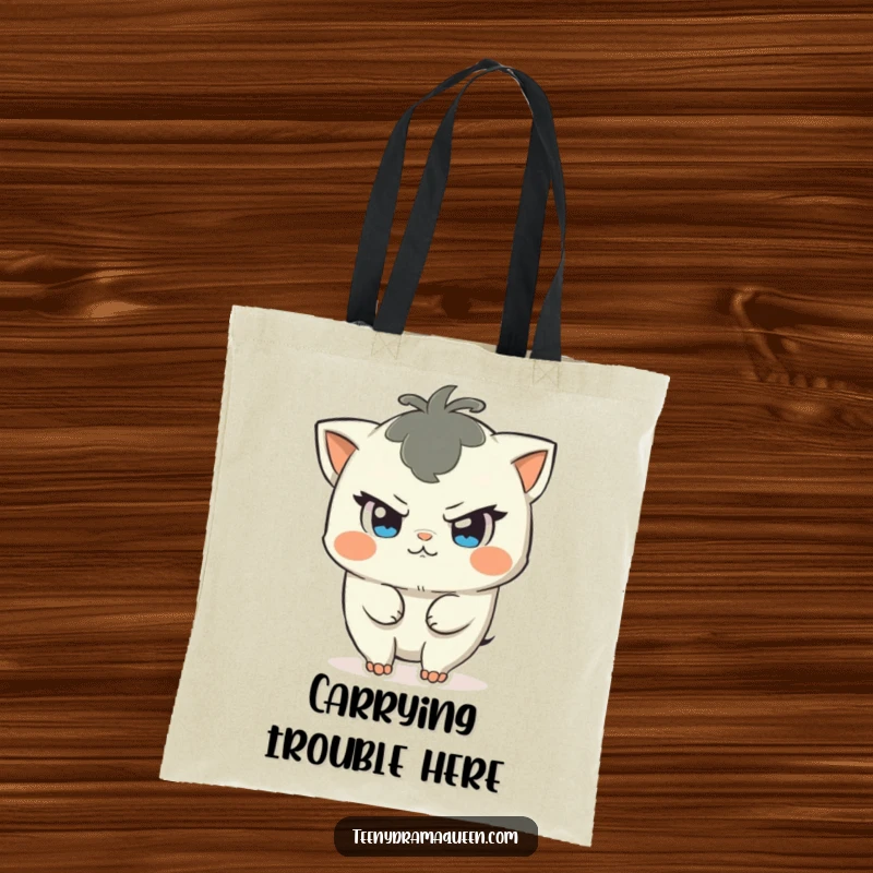 Funny tote bag featuring a character with a mischievous look, ready to cause a bit of humorous commotion, perfect for carrying fun.