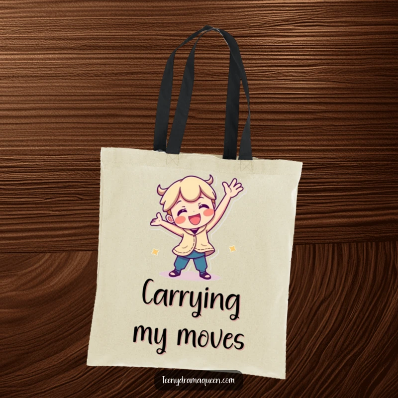 Funny tote bag featuring a playful character in an energetic, silly dance pose, designed to carry your essentials with a smile.
