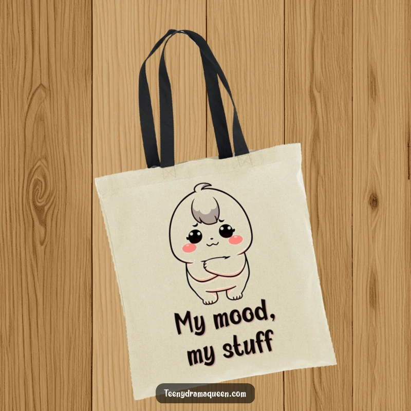 Funny tote bag illustration of a kawaii character with arms crossed in a pout, perfect for carrying groceries or attitude, a funny gift.