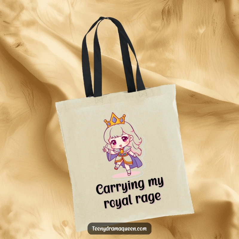 Funny tote bag showcasing a miniature queen character stomping her foot, ideal for carrying essentials with a humorous, royal flair. Great funny gift.