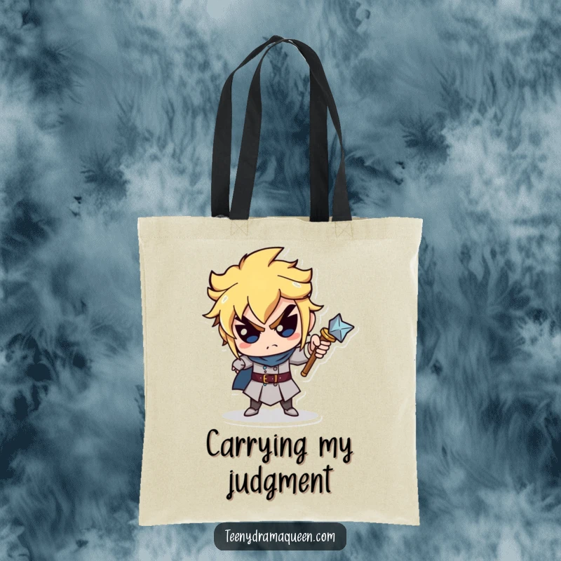 Funny tote bag with a miniature scepter character pointing accusingly, perfect for carrying essentials with humorous royal authority. Great funny gift.