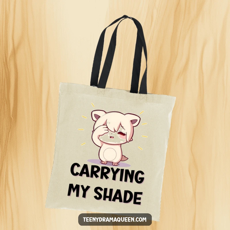 Funny Character Tote Bag: Durable carry-all showcasing a small figure dramatically shielding their eyes from an unseen spotlight.