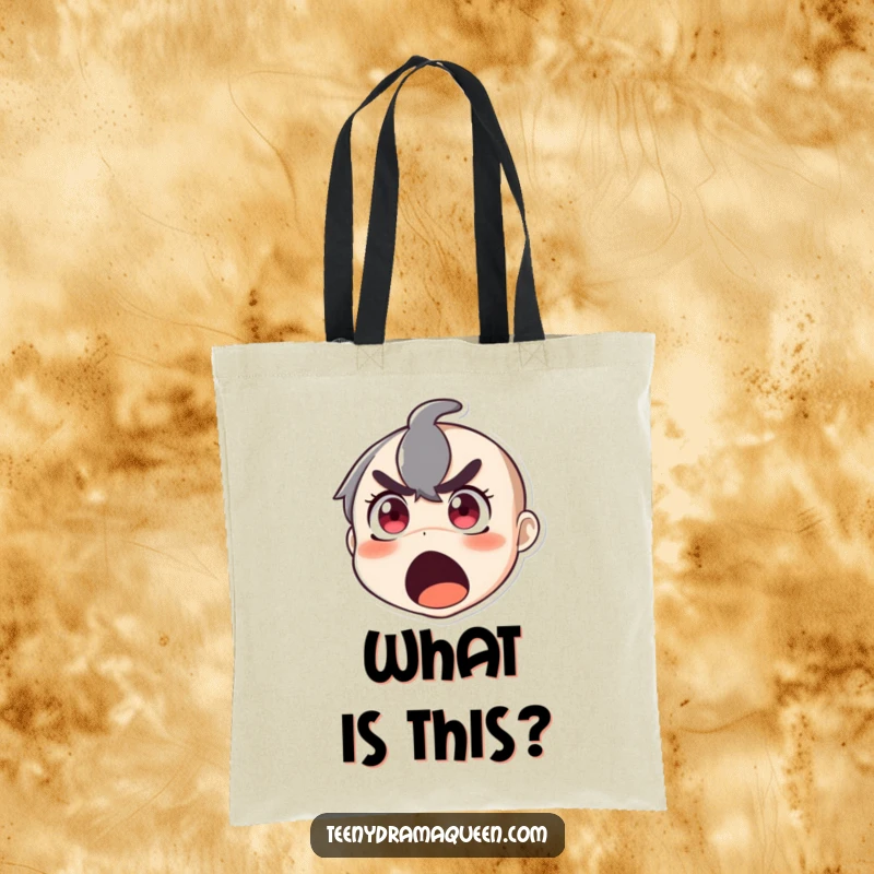 Funny tote bag illustrating a character's face in a state of humorous, wide-eyed, open-mouthed surprise and shock.
