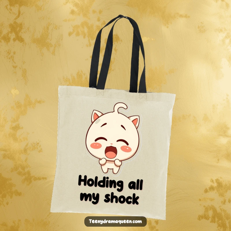 Funny tote bag, a giggling character displaying an exaggeratedly shocked and surprised facial expression.