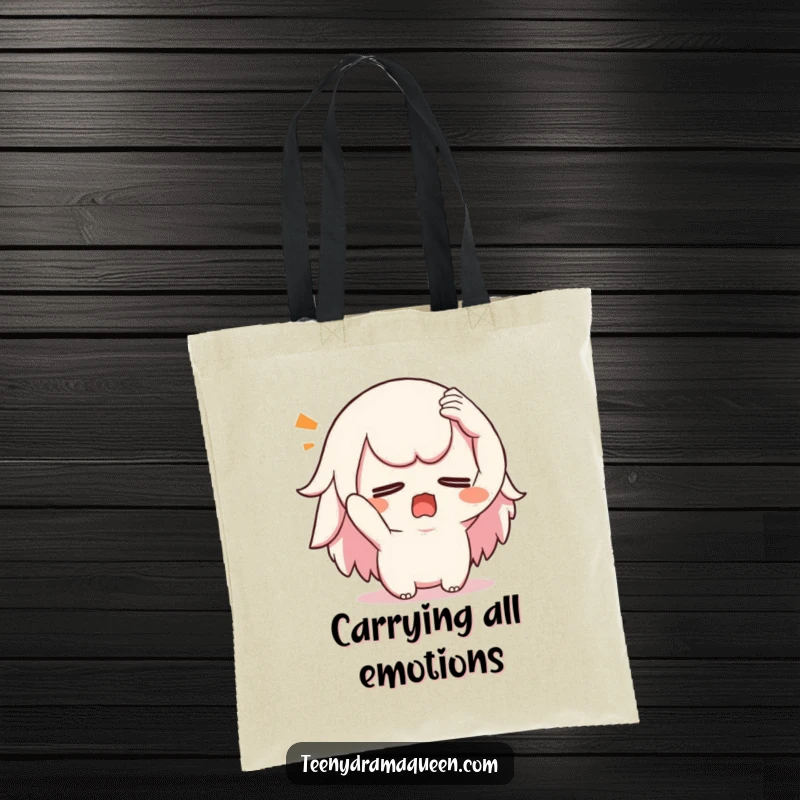 Funny swooning kawaii tote bag, a character dramatically fainting, perfect for carrying items with theatrical flair.