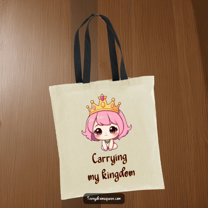 Funny Tiara Tote Bag: A cute character wearing a comically oversized tiara, ready to carry your treasures like royalty.