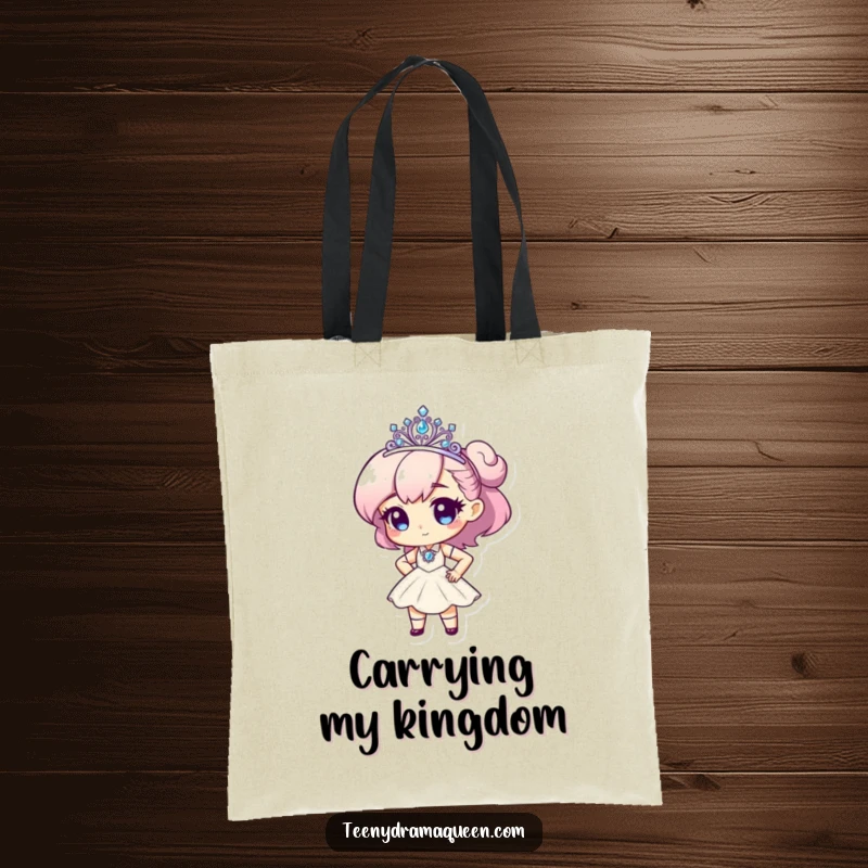 Funny tote bag with a tiny character in a tiara, striking a dramatic pose, perfect for carrying items with flair.