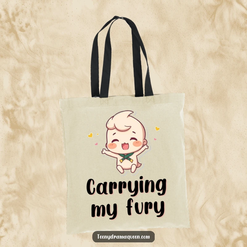 Funny tote bag illustration of a small character throwing a minuscule hissy fit, showcasing adorable drama and playful outbursts.
