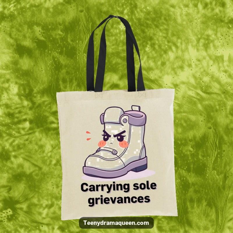 Funny Tote Bag featuring a little shoe character expressing indignation, useful for shopping and carrying your mood humorously.