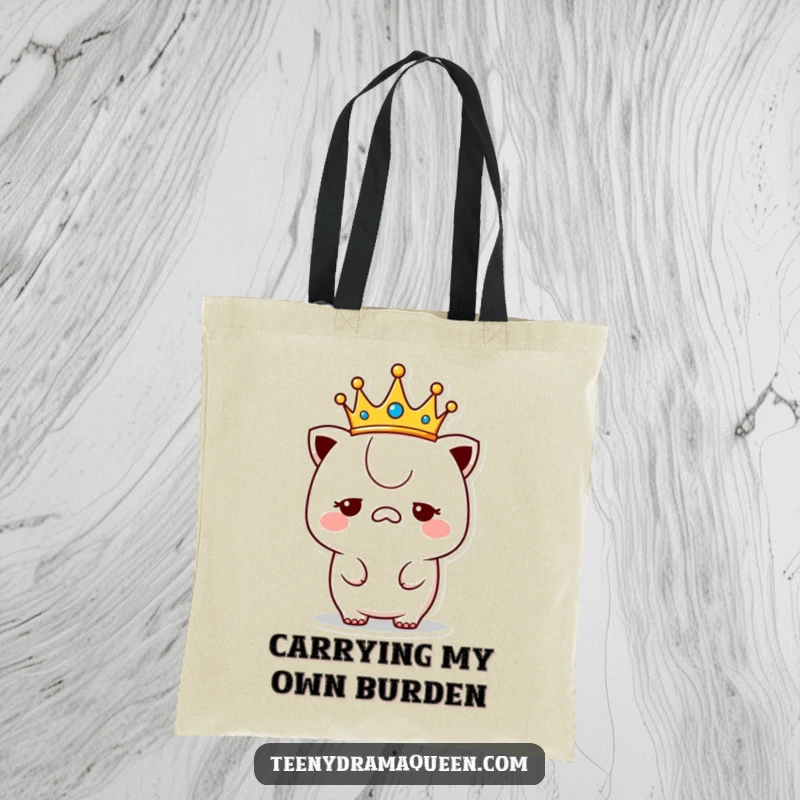 Funny unimpressed kawaii tote bag, a crowned character looking bored, perfect for stylish and sassy shopping.