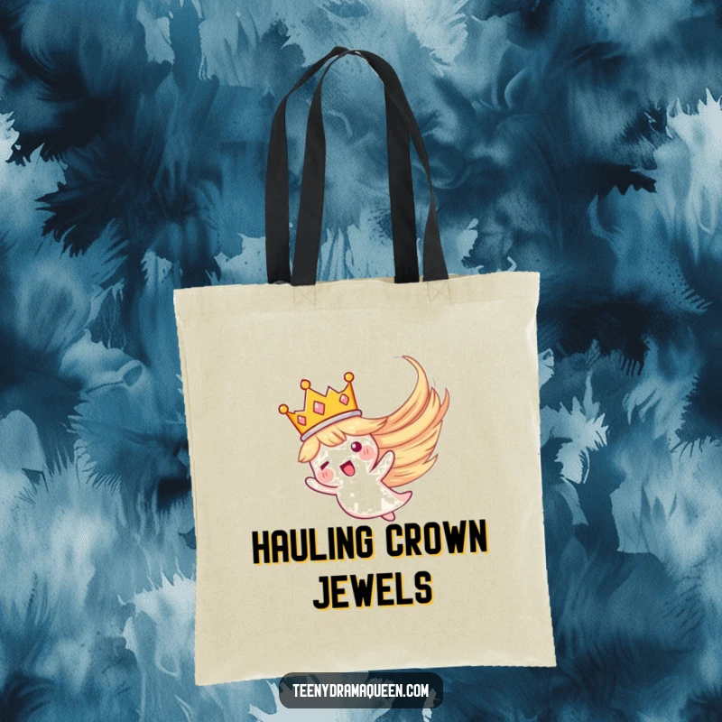 Funny tote bag with a tiny crown dramatically whirling away, perfect for stylish, humorous everyday use and a touch of drama.