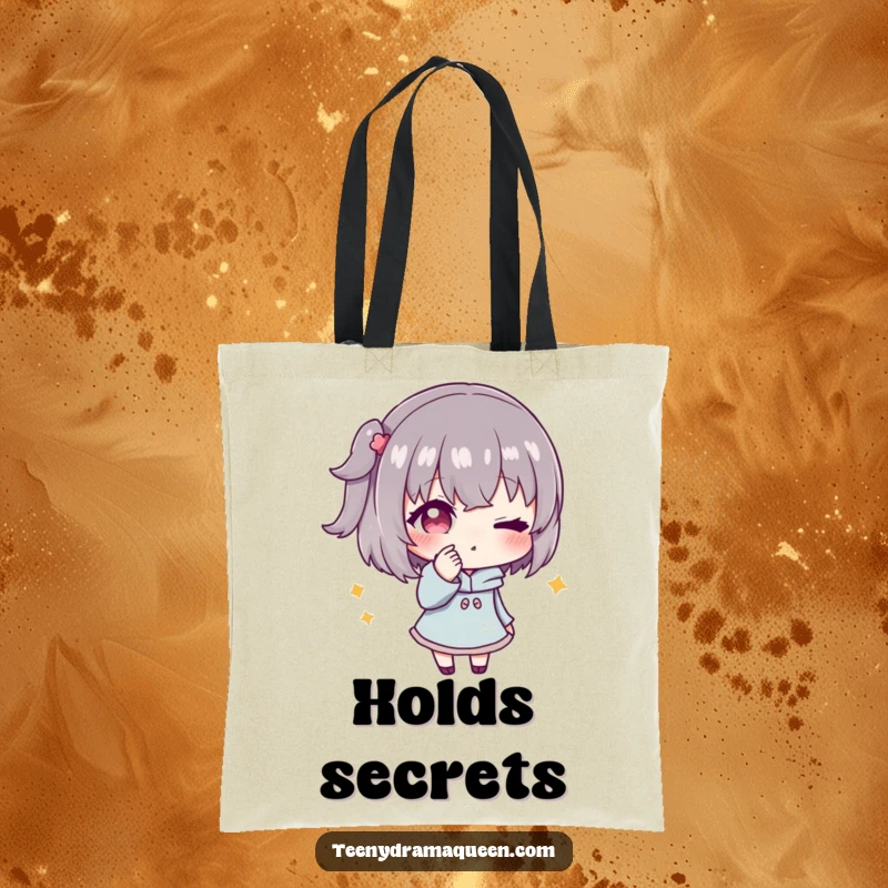 Funny tote bag depicting a character whispering secrets and winking conspiratorially, ideal for carrying items and sharing humorous confidence.