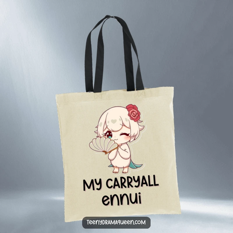 Funny tote bag featuring a character fanning themselves with a tiny feather fan, embodying sophisticated boredom and elegant disinterest.