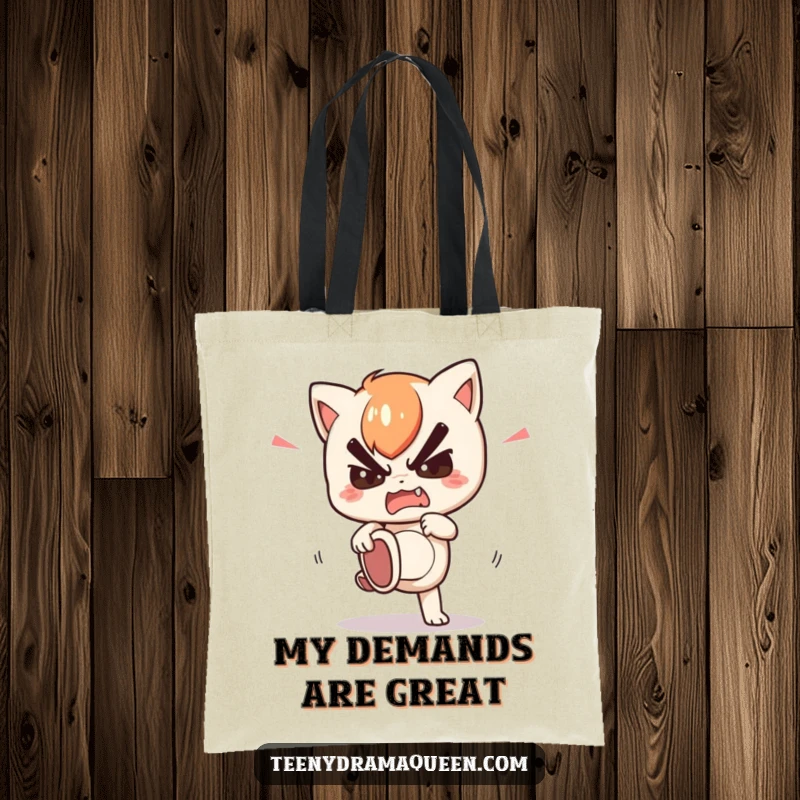 Funny tote bag with a kawaii character stomping its foot in feigned fury, perfect for carrying essentials with attitude.