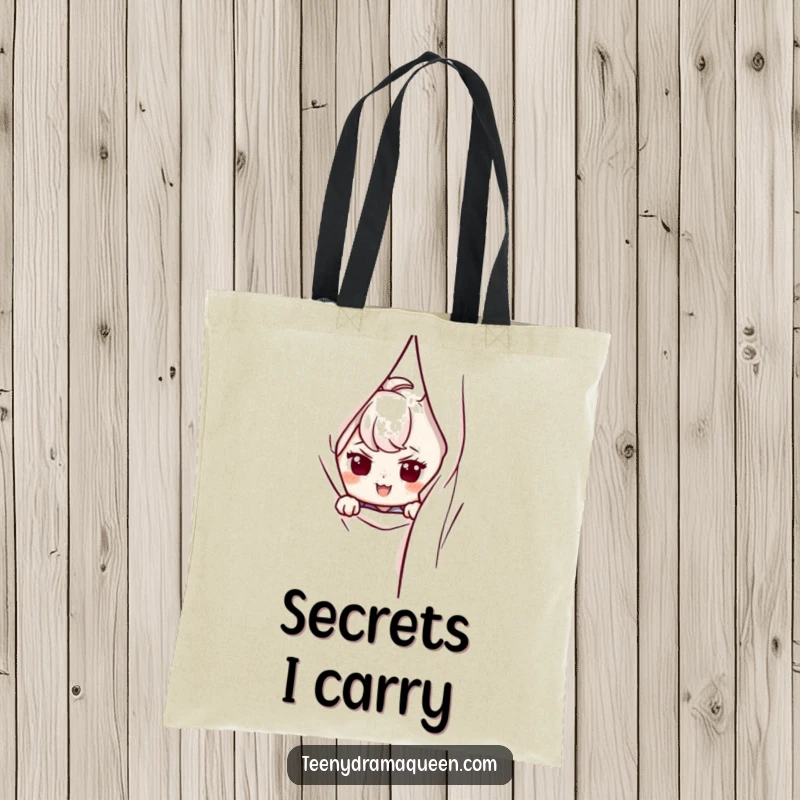 Funny tote bag with a character peeking from behind a curtain, exuding a mischievous and sly attitude.