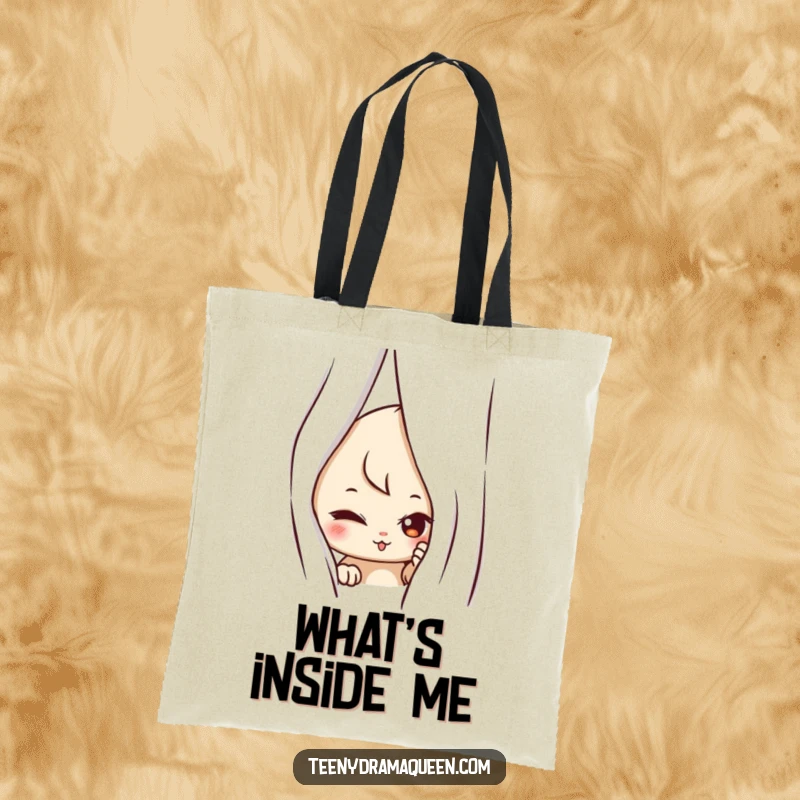 Funny tote bag featuring a mischievous character peeking from behind a curtain, designed for carrying essentials with a playful, sneaky charm.